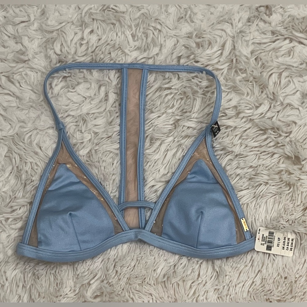 NEW Victoria's Secret PINK Women’s Bikini Top XS Blue Gold Mesh Sheer Lined Cups
